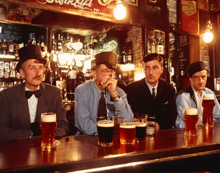 Vintage Attired Men with Pints in Old-Fashioned Pub