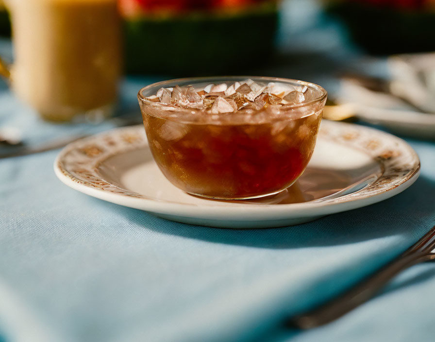 Glass Cup with Iced Coffee on Blue Table Setting