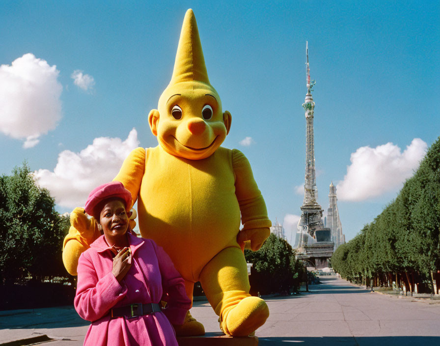 Colorful characters with tower backdrop under blue sky