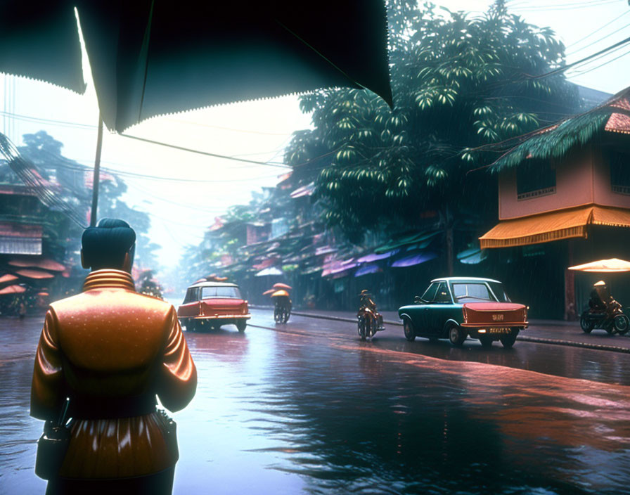 Person under umbrella on wet street with passing vehicles in hazy setting