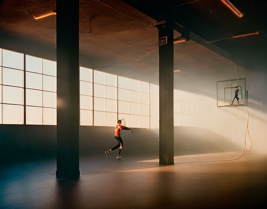 Indoor skateboarding scene with large windows and basketball hoop in background