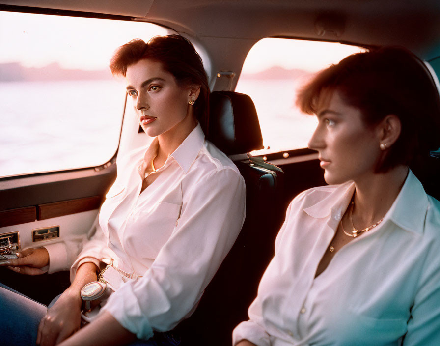 Two women in car: one pensive, one staring at camera