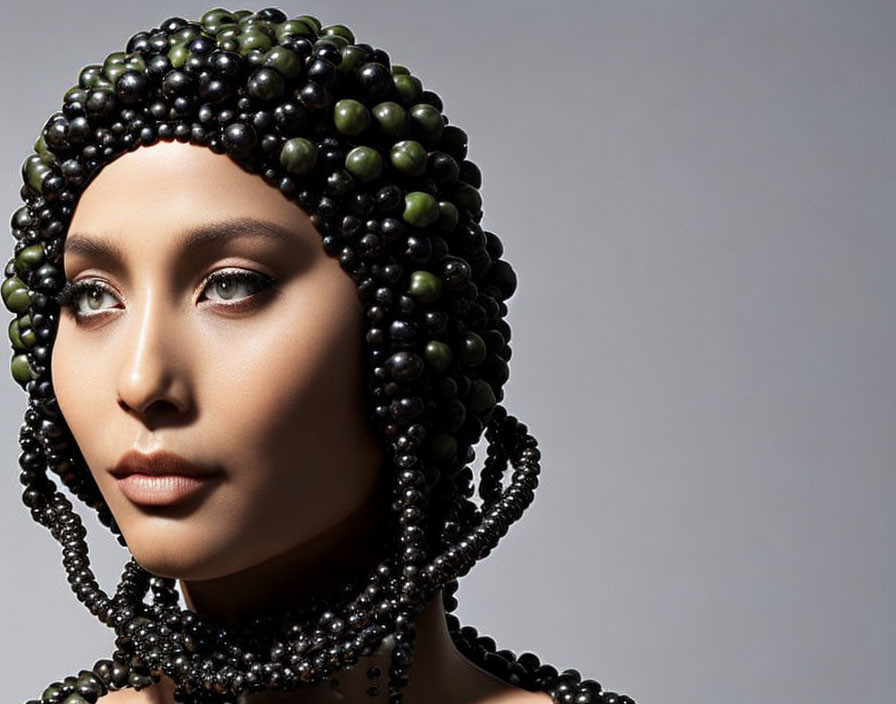 Woman wearing artistic black and green beaded headdress on neutral background