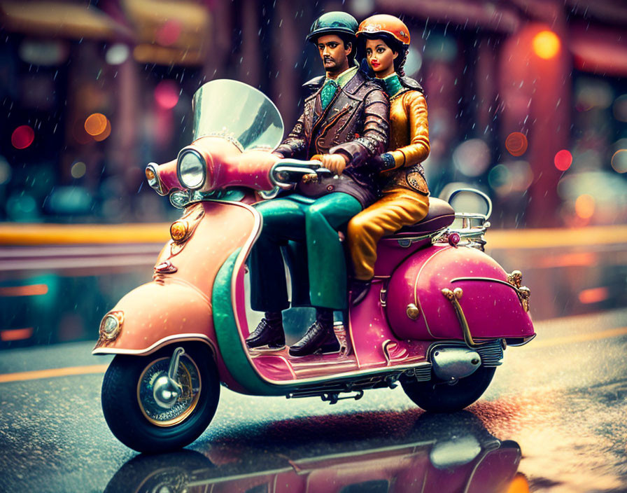 Miniature scooter with two dolls in city rain scene