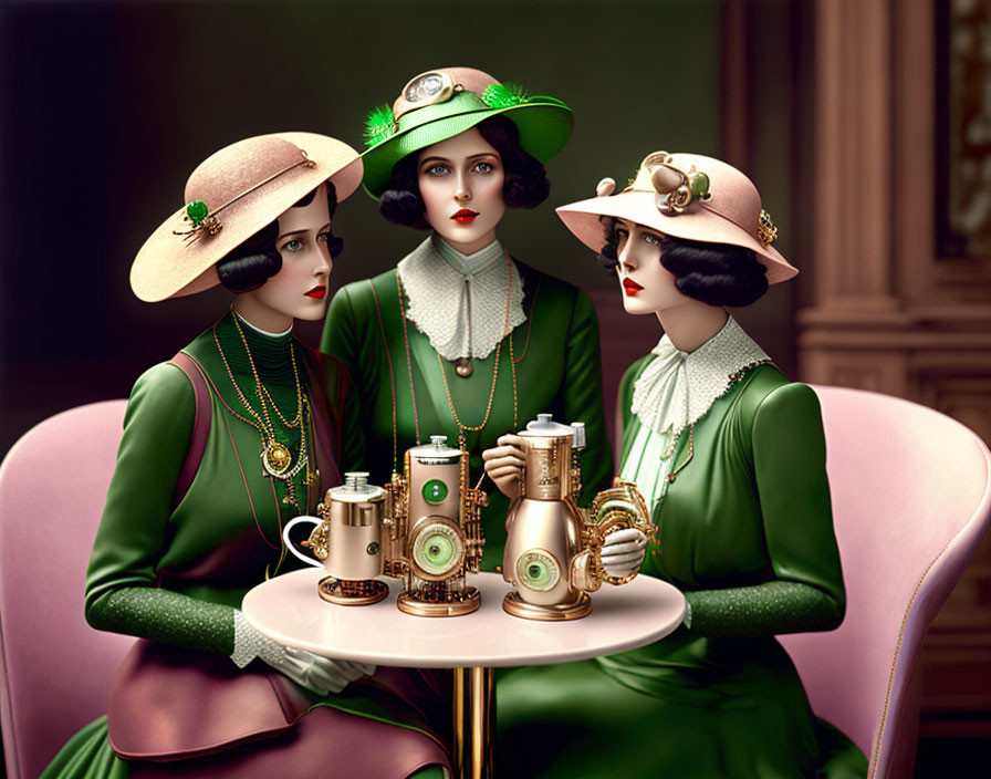 Vintage-style women in elegant hats with camera-designed teapots on a pink table in classical setting