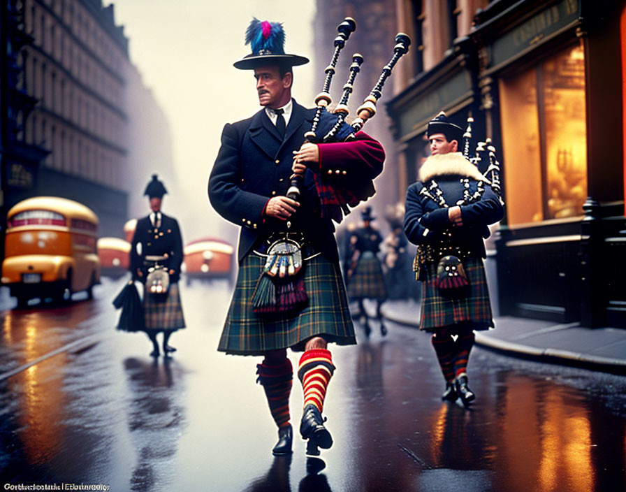 Men in Scottish attire with kilts and bagpipes in city parade