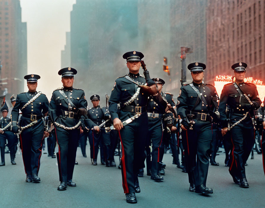 Police officers in ceremonial uniforms parade with batons on city street.