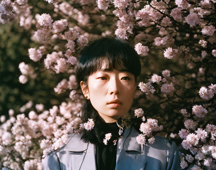 Contemplative woman near vibrant cherry blossom tree