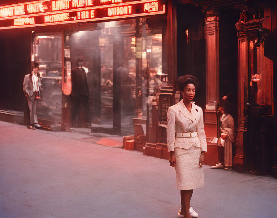 Stylish woman in suit on vibrant street with neon signs