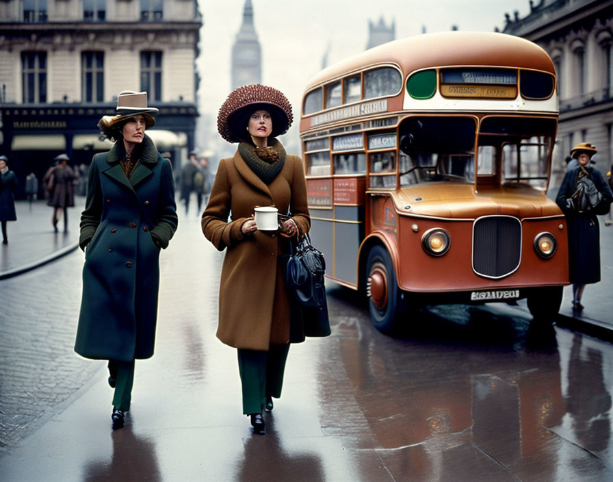 Elegantly dressed women near classic double-decker bus on wet street