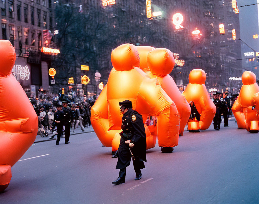 City parade with large orange balloon characters and policeman in uniform.