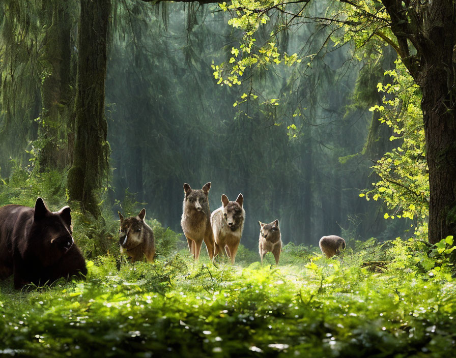 Sunlit forest with kangaroos in lush greenery