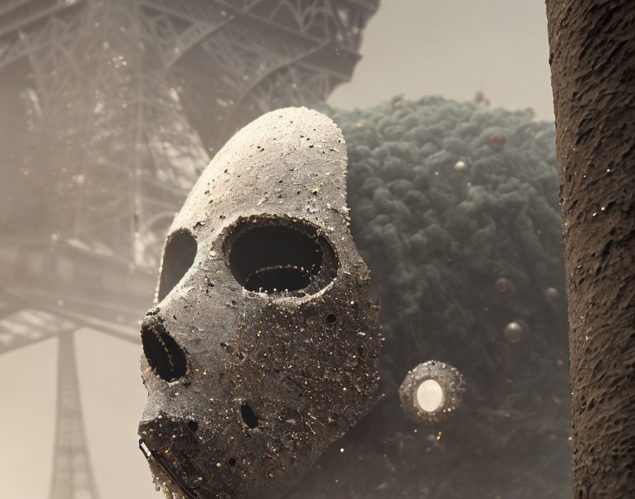 Weathered mask near Eiffel Tower with mysterious spheres.