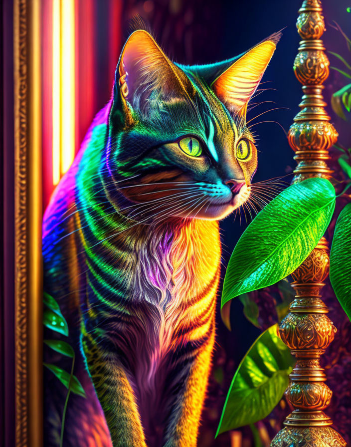 Vibrant digital artwork: Striped cat, surreal glow, plant, textured window.