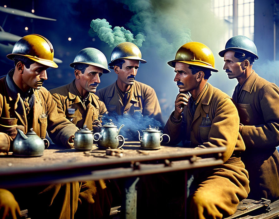 Five workers on tea break in industrial setting with steam rising from teapots