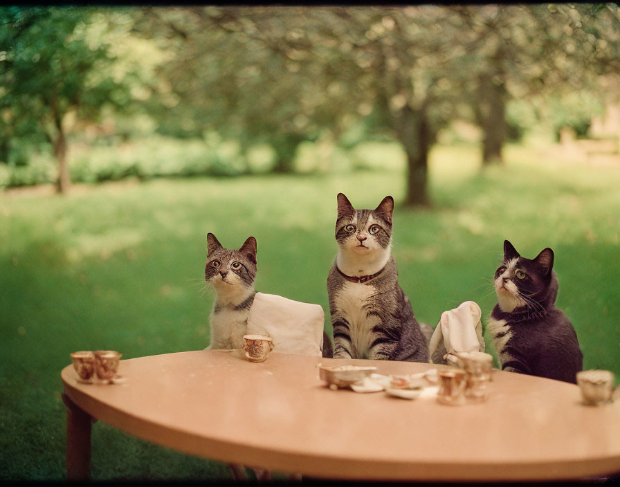 Three cats at outdoor tea party with cups and napkin