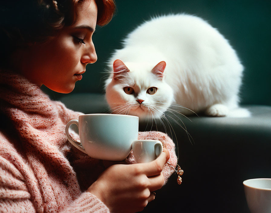 Pink sweater woman with white cat and cup