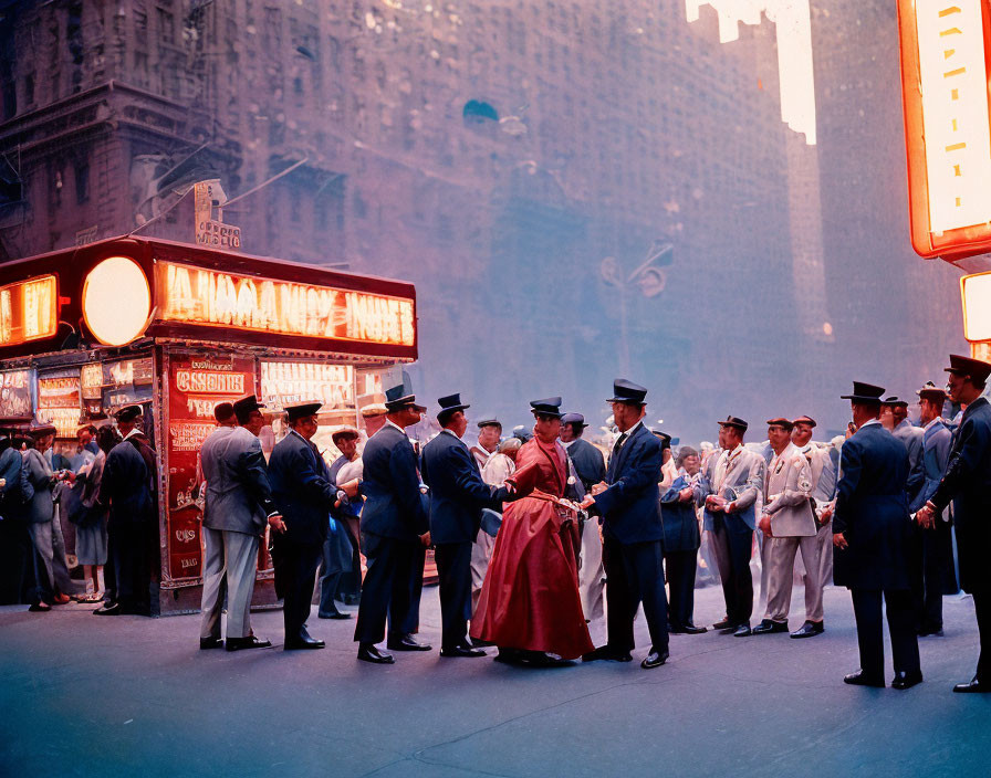 Vintage street scene with newsstand and glowing signs, featuring people in hats and a woman in a red