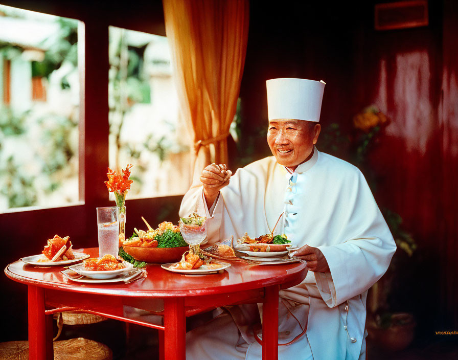 Smiling chef garnishing plate at red table with various dishes