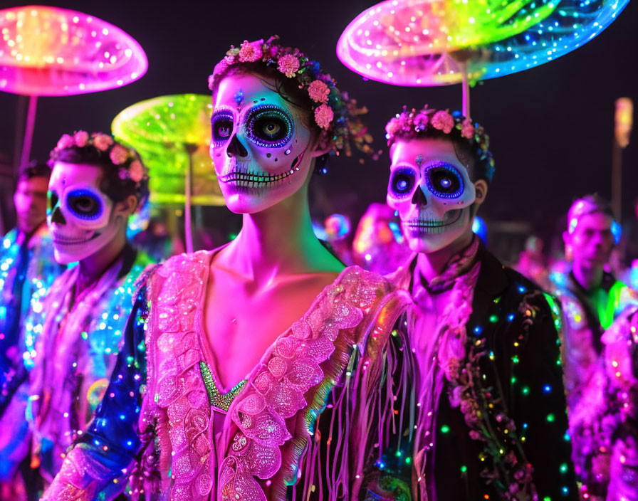 Vibrant Day of the Dead celebration with skull makeup and illuminated costumes