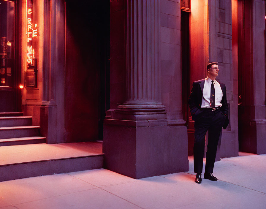 Businessman in Suit and Glasses by Column with Neon Sign at Dusk