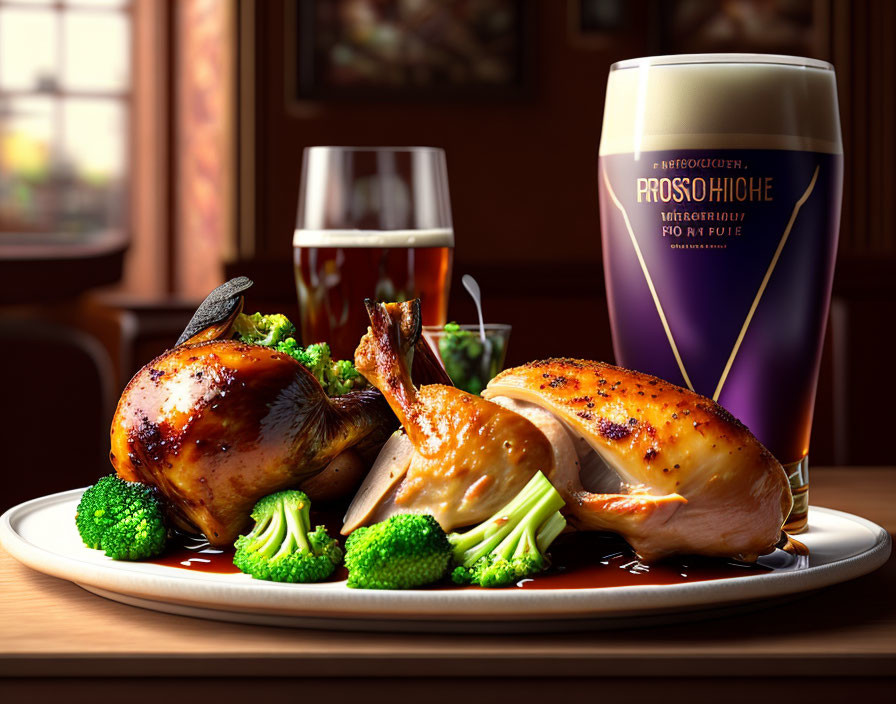 Roasted Chicken and Broccoli Plate with Beer Pairing in Pub Setting