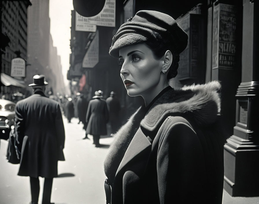 Monochrome image: Stylish woman in striped hat and fur coat on urban street