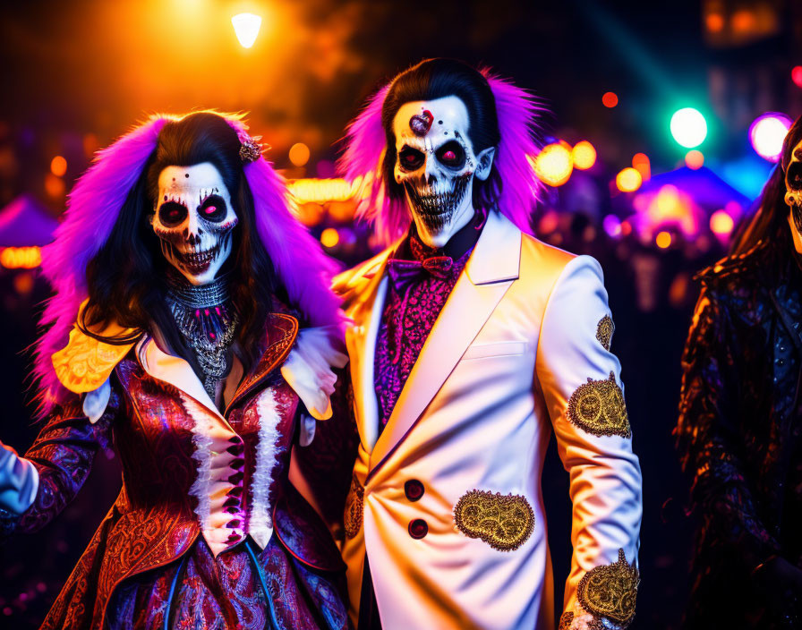 Vibrant skeleton makeup at festive nighttime event