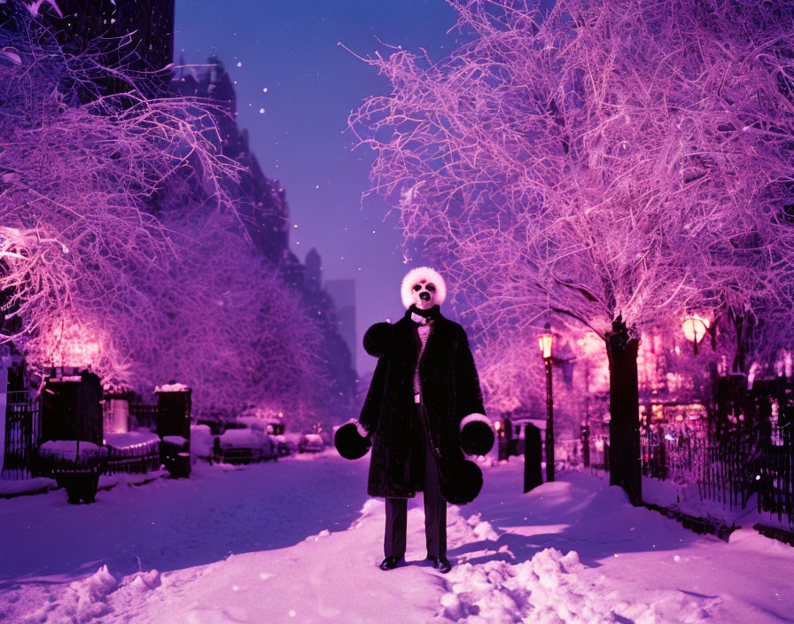 Person in Panda Head Mask on Snowy Path at Night