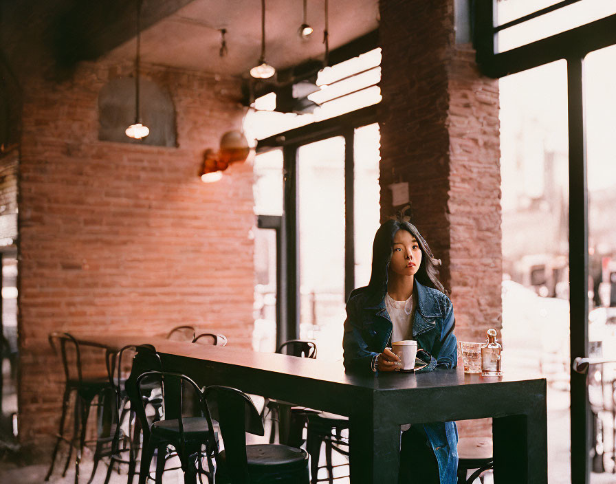 Lonely woman in denim jacket at cafe table with mug, in introspective moment.