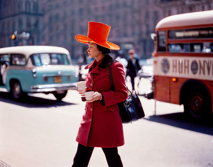 Woman in red coat and orange hat with coffee cup walking by bus and vintage car on city street