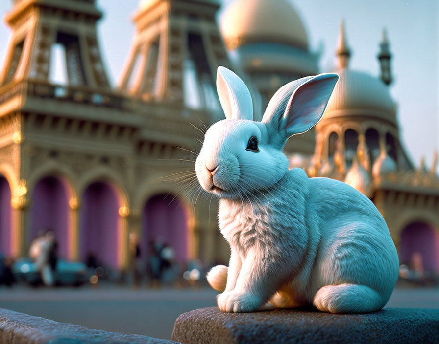 Realistic 3D-rendered white rabbit in front of ornate building with domes