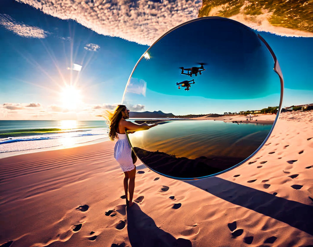 Woman on Beach Holding Mirror Reflecting Drone at Sunset