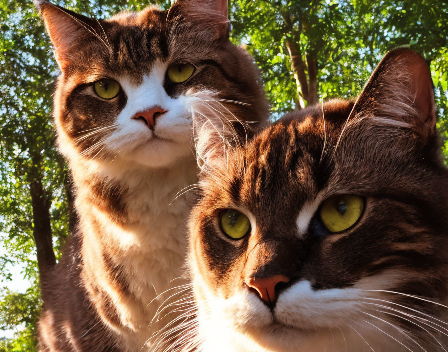 Brown and White Cats with Green Eyes in Sunlit Foliage