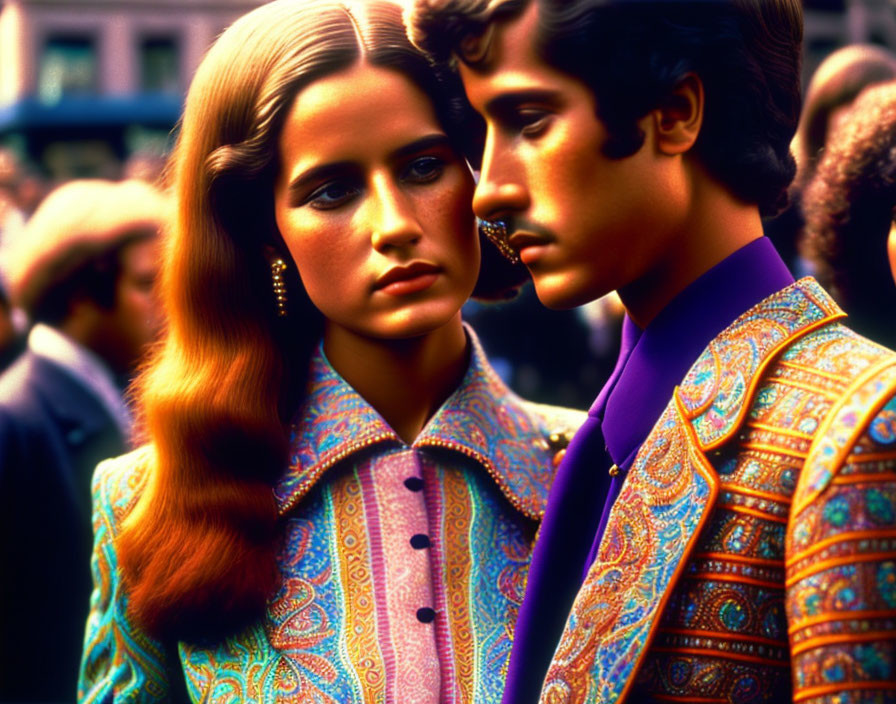 Man and woman in purple and blue patterned attire, standing close together.