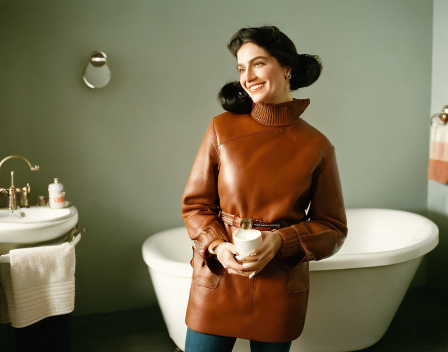 Smiling woman in brown turtleneck jacket holding cup in bathroom with freestanding tub