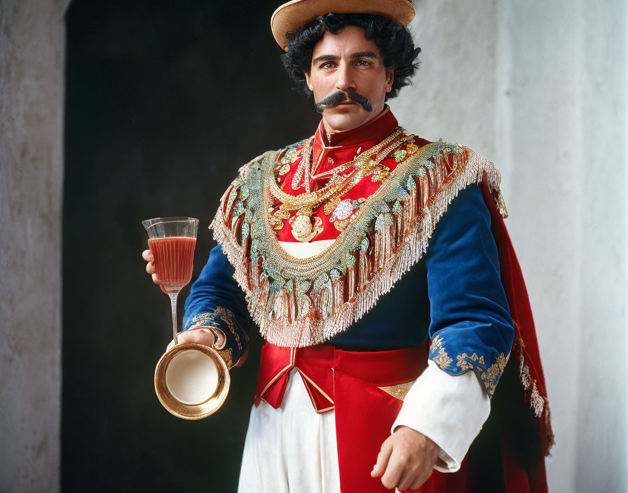 Man in ornate military uniform holding glass and hat