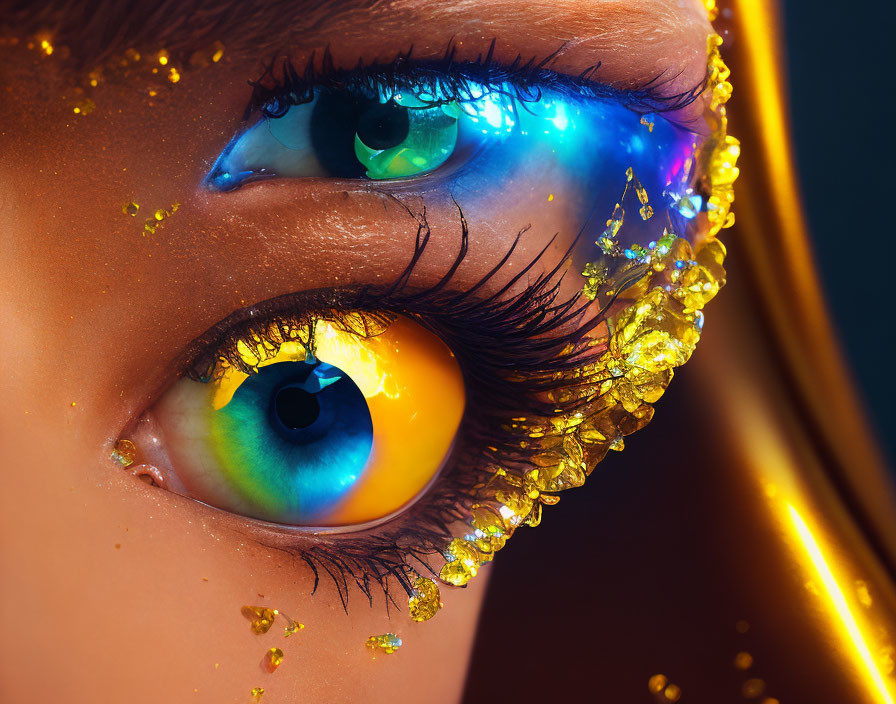 Colorful eye makeup with blue, orange hues, gold flakes, long eyelashes