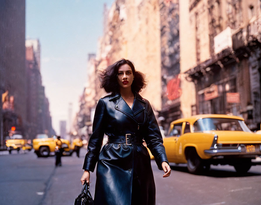 Stylish woman in leather jacket and skirt on city street with vintage yellow taxis