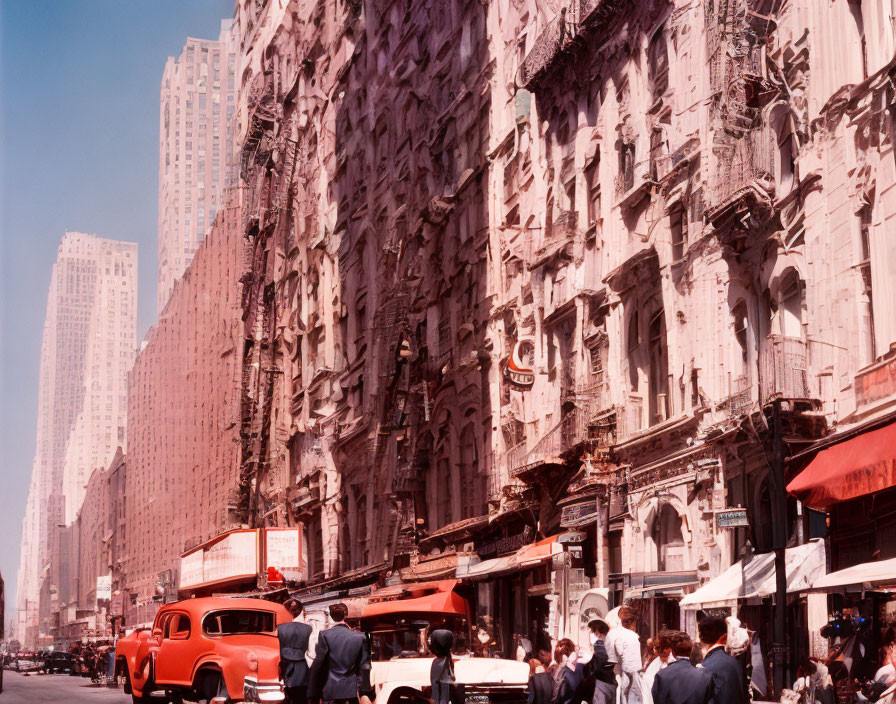 Classic Cars and Pedestrians in Vintage City Street Scene