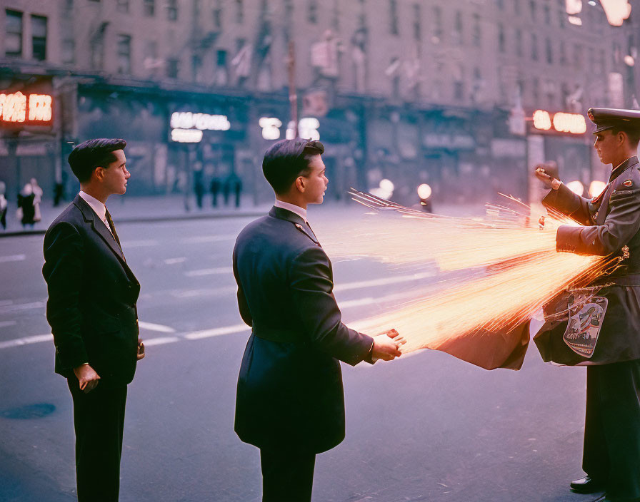 Traffic officer signals two men in suits on city street with neon signs.