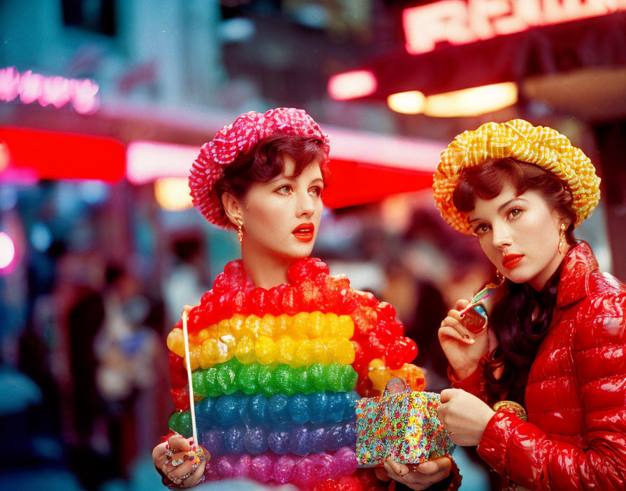 Two women in vibrant outfits with candy and balloons in a city setting