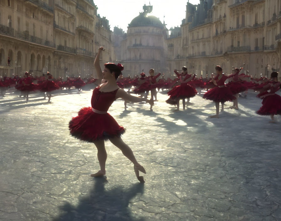 Red Tutu Ballerinas Performing Outdoors with Historical Buildings