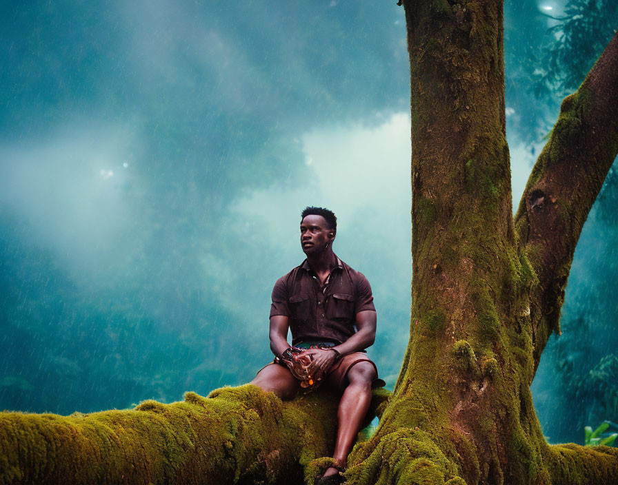 Man sitting on moss-covered tree in misty forest