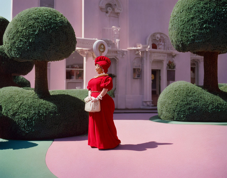 Person in Red Dress and Turban by Pastel Pink Building with Topiary Trees