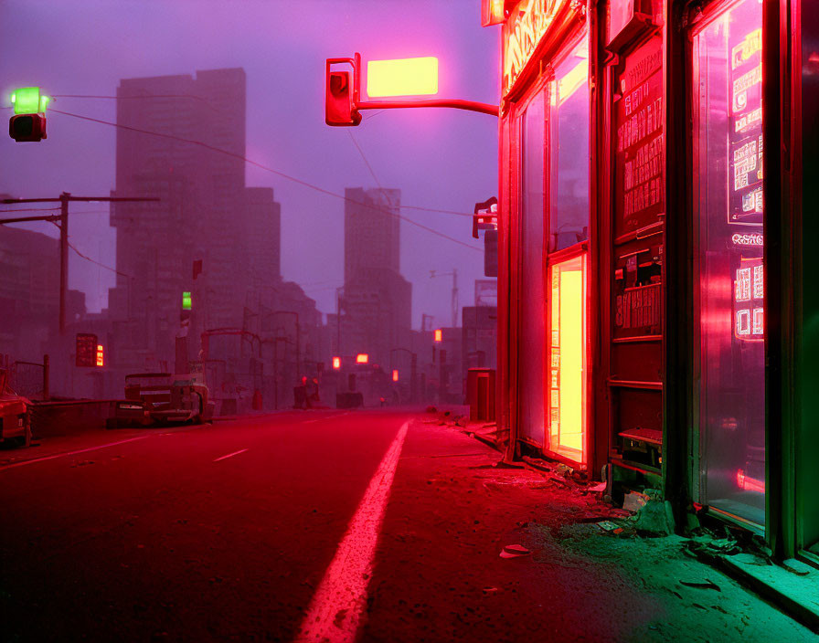 Empty neon-lit street at dusk with red signs and urban backdrop