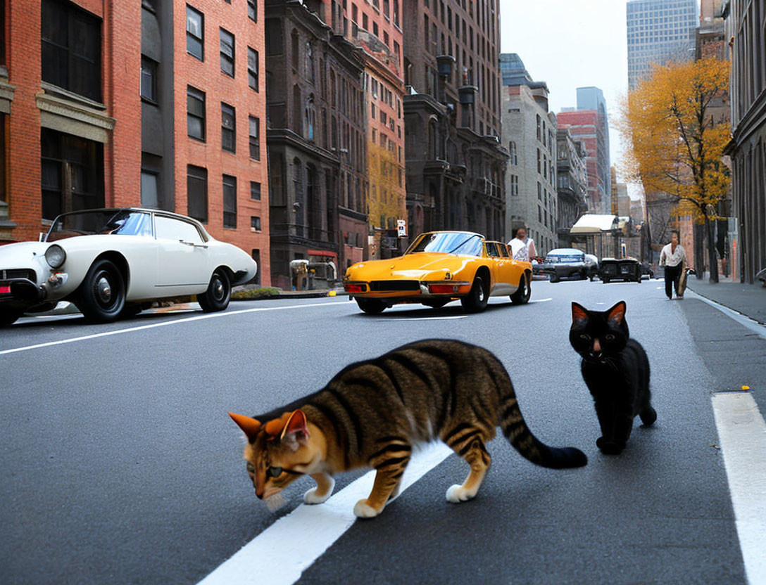 Two large cats in urban street with vintage cars - pedestrian scene.