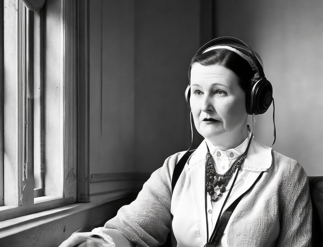 Vintage Attired Woman with Headphones Sitting by Window gazes Thoughtfully