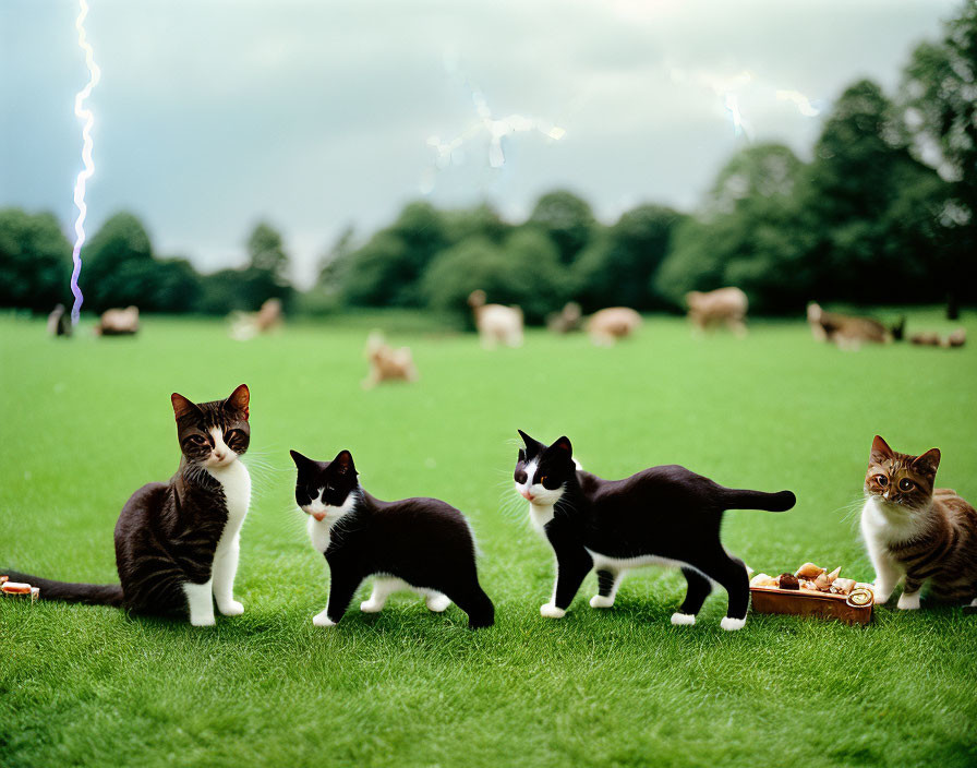 Four cats in park with lightning and picnic scene featuring hot dogs