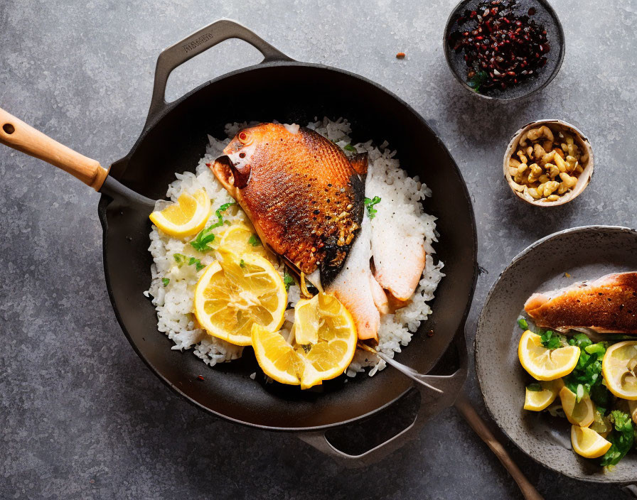 Cooked fish and rice dish with herbs, lemon, nuts, and condiments.